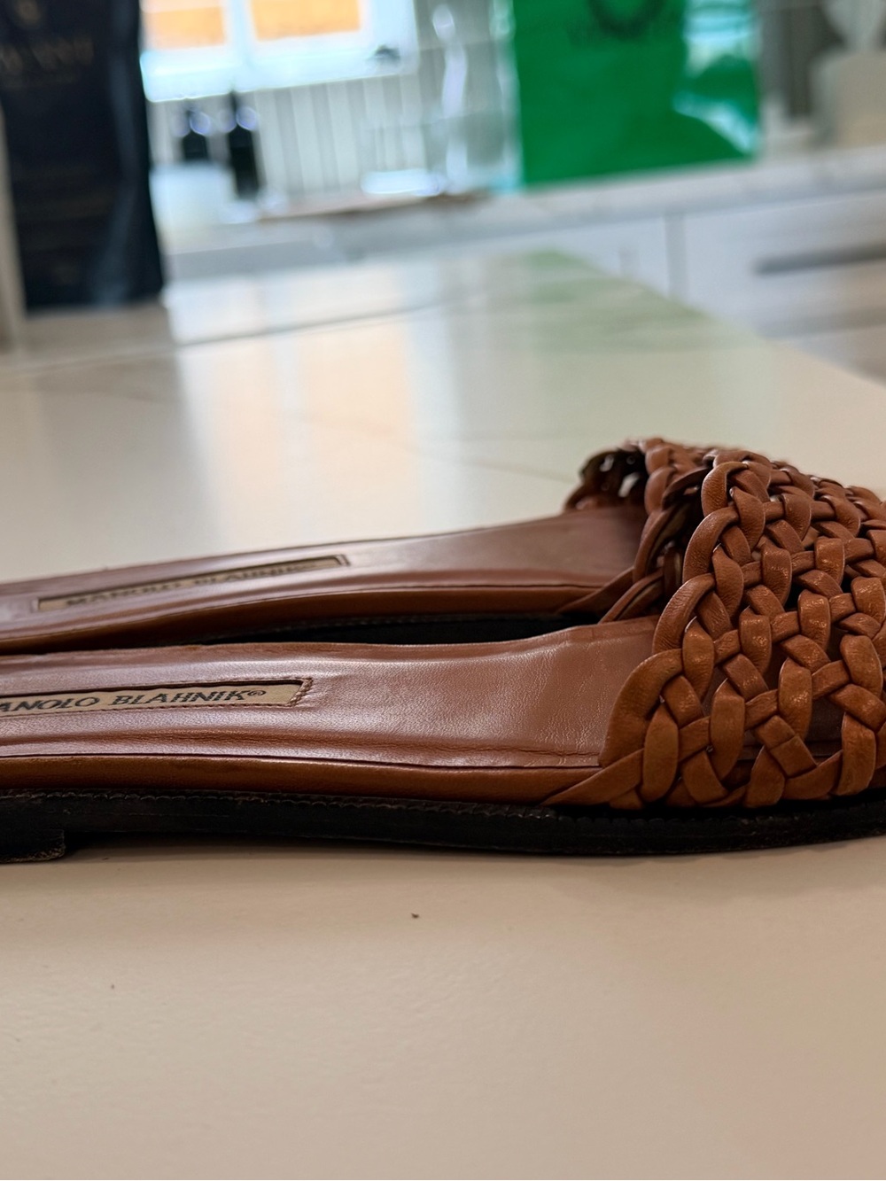 Manolo Blahnik Tan Woven Leather Slide - Picture 4 of 5